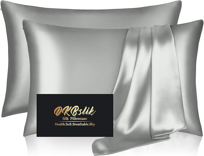 Silk Pillowcase 2 Pack, Mulberry Silk Pillow Cases Queen Size Set of 2, Anti Acne Silk Pillowcase for Hair and Skin, Natural Silk Satin Pillowcases for Sleeping Women 2 Pack with Zipper, Silver Grey