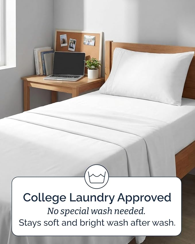 Twin XL 3 Piece Sheet Set - College Dorm Room Essentials - White | Deep Pocket Bed Sheets for Women, Men, Teens & Students, Soft, Cooling, Breathable & Wrinkle Free, Oeko-Tex Bed Sheet Set