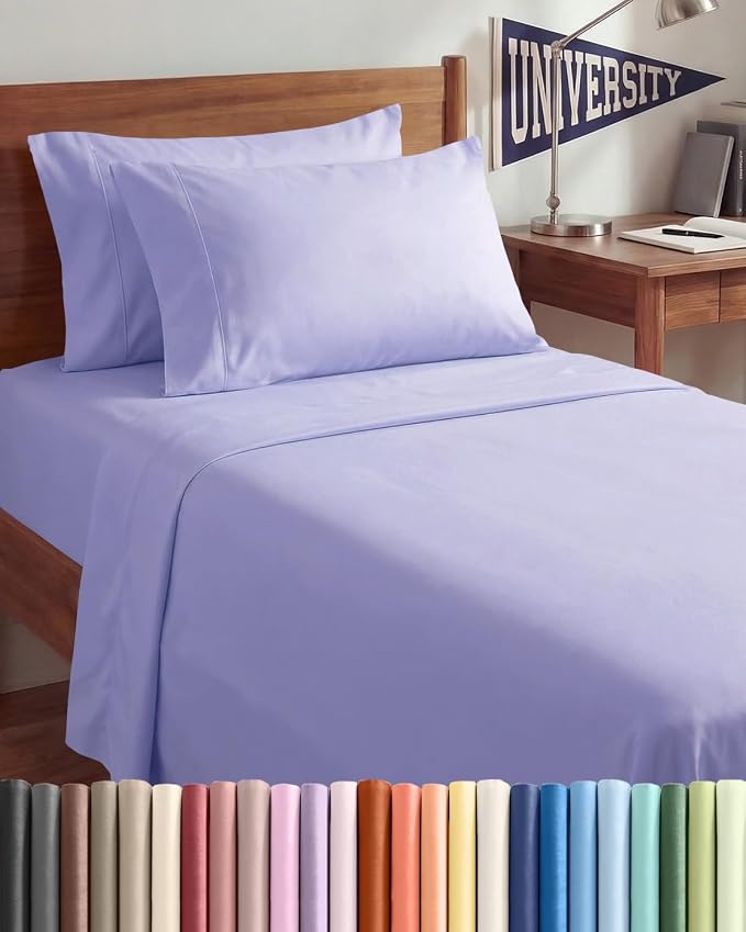 Twin XL 4 Piece Sheet Set - College Dorm Room Essentials - Lavender | Ultra Soft Dorm Bedding Set, 8" to 16" Inch Deep Pockets, 1 Flat & 1 Fitted Sheet & 2 Pillowcases, Wrinkle & Fade Free