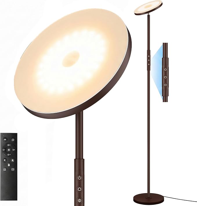 mukuxin Floor Lamp, Upgraded 40W 4000LM Super Bright Torchiere LED Floor Lamps for Living Room, Stepless Dimmable Color Temperature 2700K-6500K with Remote & Touch Control, Standing Light (40W Brown)