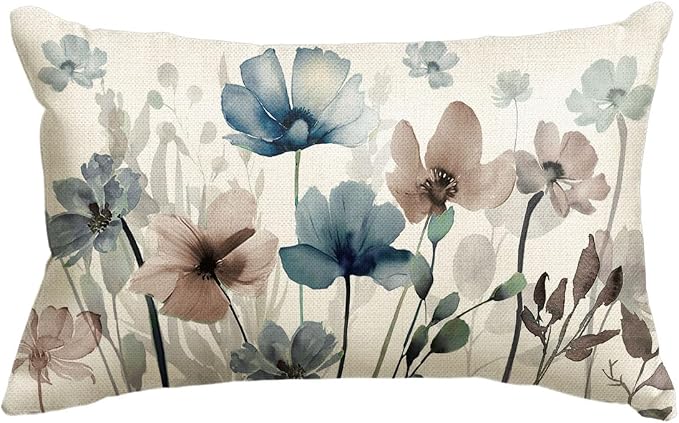 AVOIN colorlife Poppy Flowers Blue Brown Throw Pillow Cover 12x20 Inch | Chinoiserie Seasonal Leaves Cushion Case Decoration for Sofa Couch Farmhouse