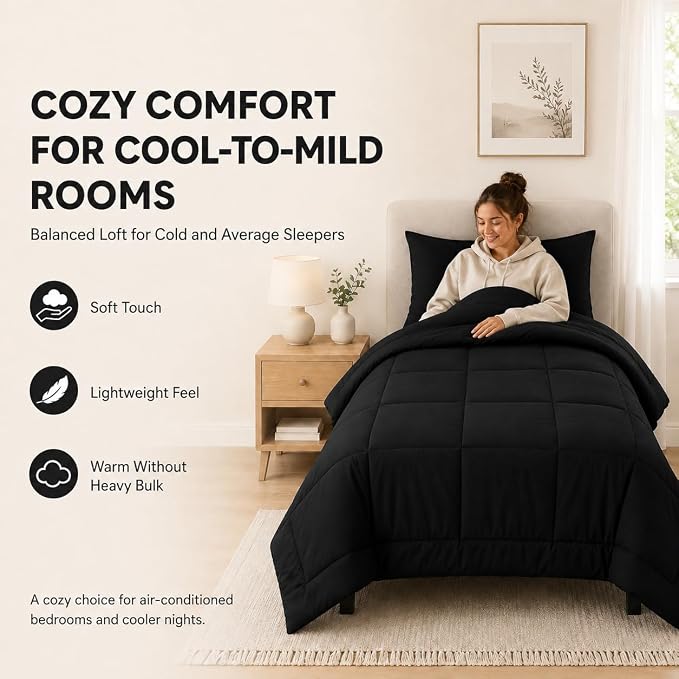 Twin XL Comforter Set Black - 5 Pieces Twin XL Bed in a Bag | College Dorm Essentials, OEKO-TEX Certified, All Season, Down-Alternative Comforter + Flat & Fitted Sheets + 2 Pillowcases