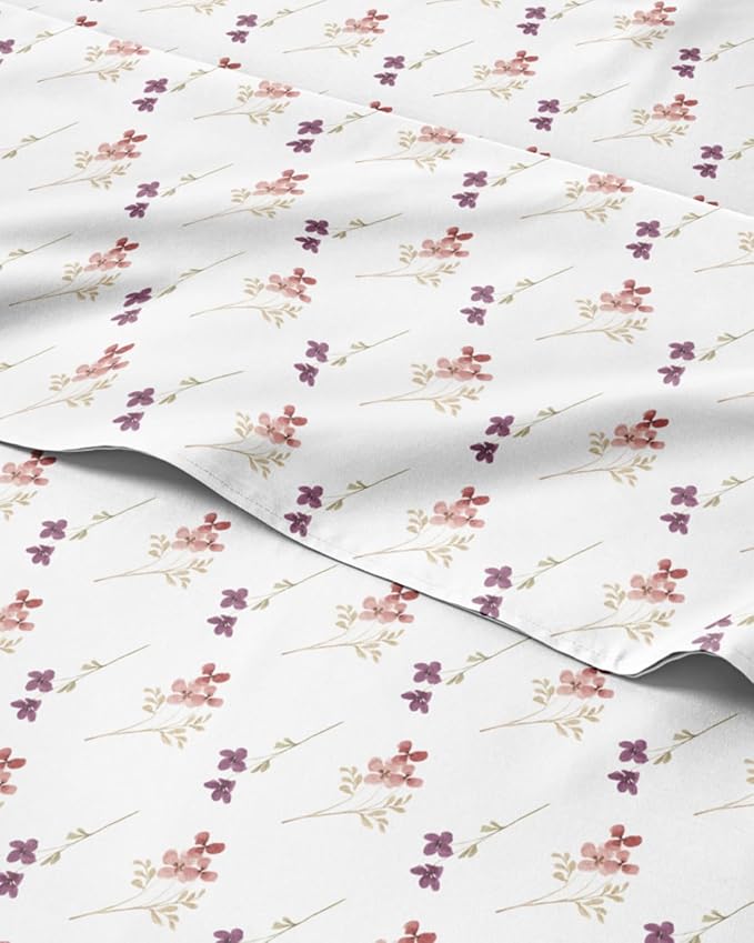Queen 4 Piece Floral Sheet Set - Soft, Breathable & Cooling - Autumn Posy | 1 Flat, 1 Fitted & 2 Pillowcases w/ Deep Pockets, Boho Botanical Floral Bedding, Breathable & Cooling, Wrinkle & Fade Free