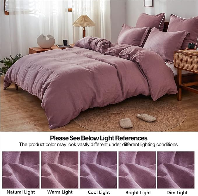 Simple&Opulence 100% Linen Duvet Cover Set 3pcs Basic Style Natural French Washed Flax Solid Color Soft Breathable Farmhouse Bedding with Button Closure - Purple, King