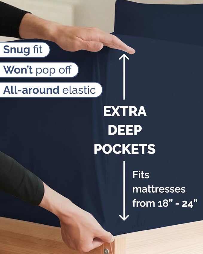 Extra Deep Twin XL Sheet Set - 4 Piece College Dorm Room - Navy Blue | College Dorm Room Essentials, Easy & Secure Fit, Ultra-Soft, Wrinkle & Fade Free, Comfy Sheets Set with Extra Deep Pockets