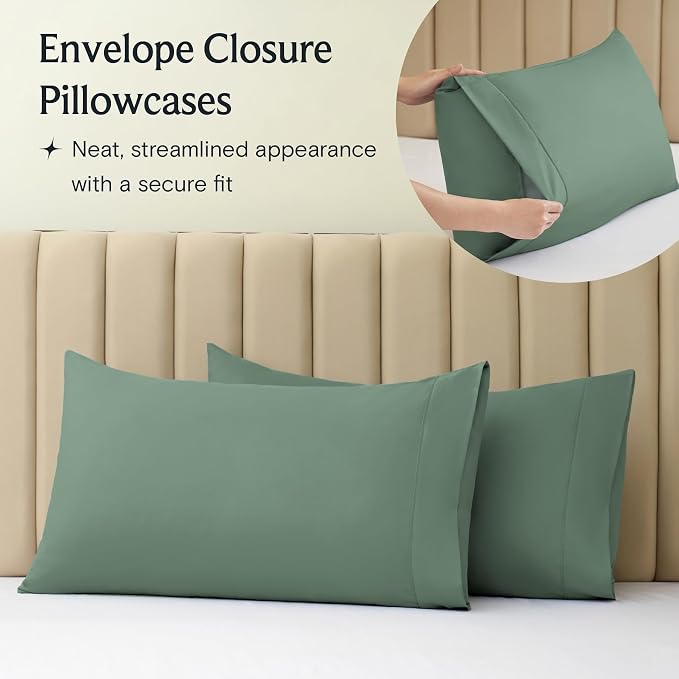 LuxClub 4 PC King Sheet Set, Breathable Luxury Bed Sheets, Deep Pockets 18" Wrinkle Free Cooling Bed Sheets Machine Washable Hotel Bedding Silky Soft - Tree Moss Green King | LuxClub Silky Fitted Sheet & Pillowcase Sets, Breathable Hotel Luxury Bedding...
