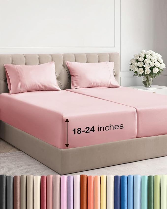Extra Deep Split King Sheet Set - 5 Piece Soft & Cooling Sheets - Baby Pink | Easily Fits 18 to 24 inch Mattress - Ultra Soft, Wrinkle & Fade Free with Extra Deep Pockets - Comfy Hotel Luxury Bedding