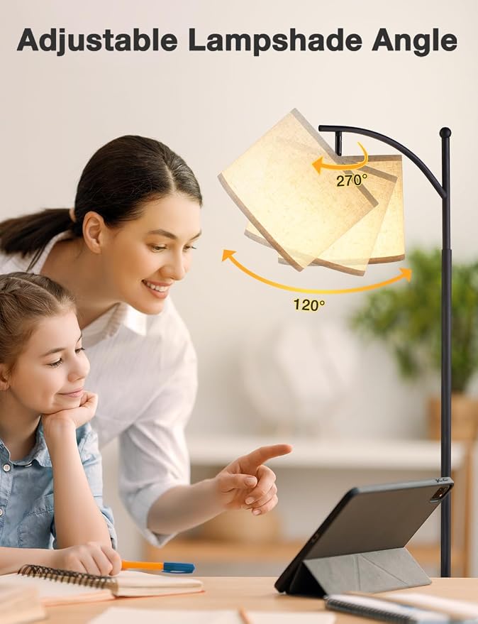 60" Modern Floor Lamp with Beige Shade, 9W LED Bulb | 3 Color Temperatures Bulb, Adjustable Linen Shade, Standing Lamps for Living Room Bedroom Office Classroom Dorm, Black Pole