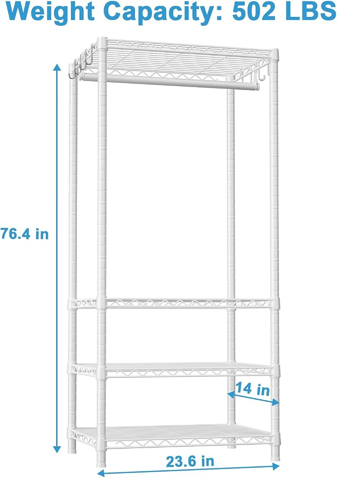 Ulif H4 Mini Portable Closet, 4 Tiers Freestanding Clothing Garment Rack for Small Space, Metal Clothes Wardrobe System for Bedroom, 23.6" W x 14" D x 76.4" H, Load 502 lbs, White | Metal Clothes Wardrobe System for Apartment, Small Space and Bedroom, ...