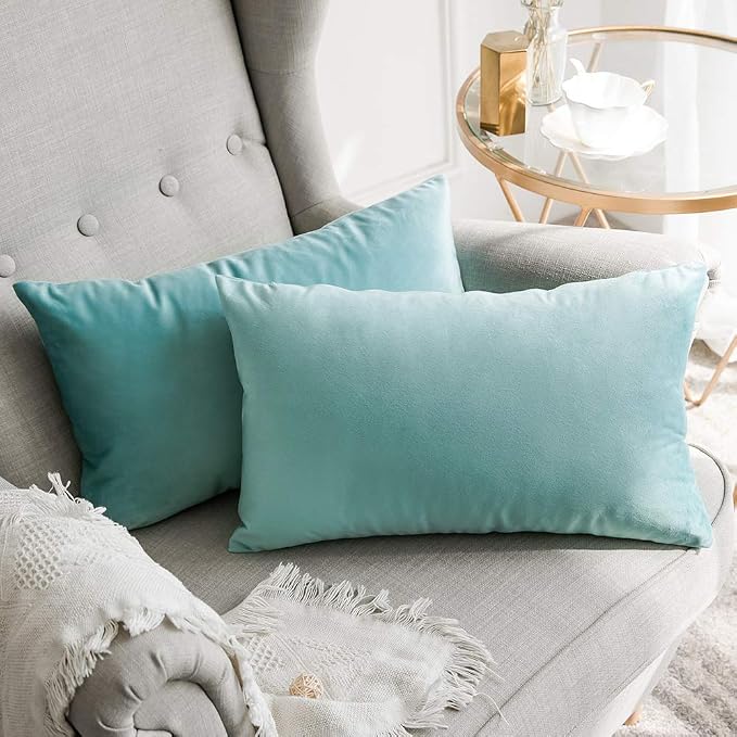 MIULEE 12x20 Inch Lumbar Velvet Throw Pillow Covers Aqua Green | Pack of 2 Soft Solid Decorative Pillow Covers, Modern Luxury Home Decor, for Chair Couch Sofa Bedroom Livingroom