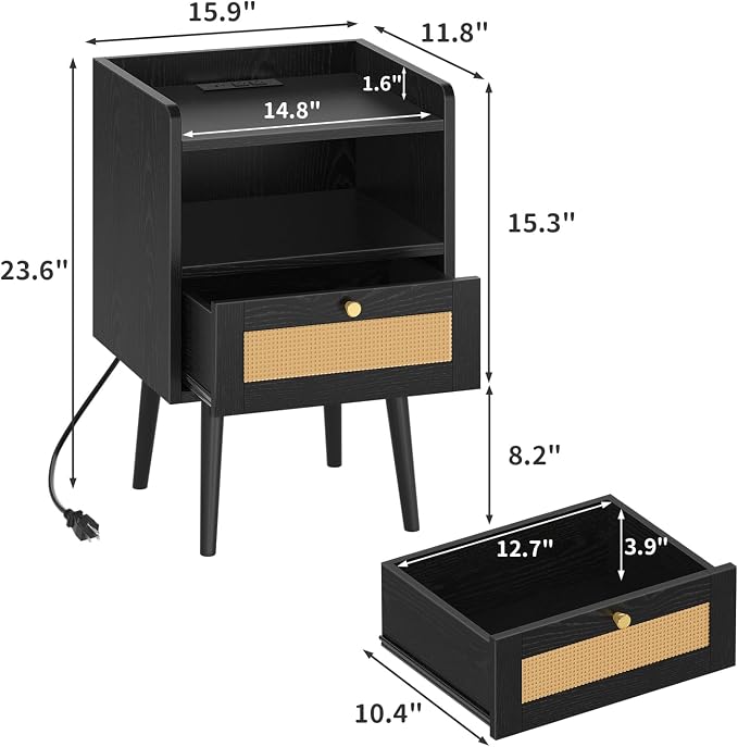 MECHYIN Night Stand Set 2, Nightstands Set of 2 with Charging Station, Rattan Side Tables with Solid Wood Legs, Boho Bedside End Table for Apartment Bedroom Dorm Small Space