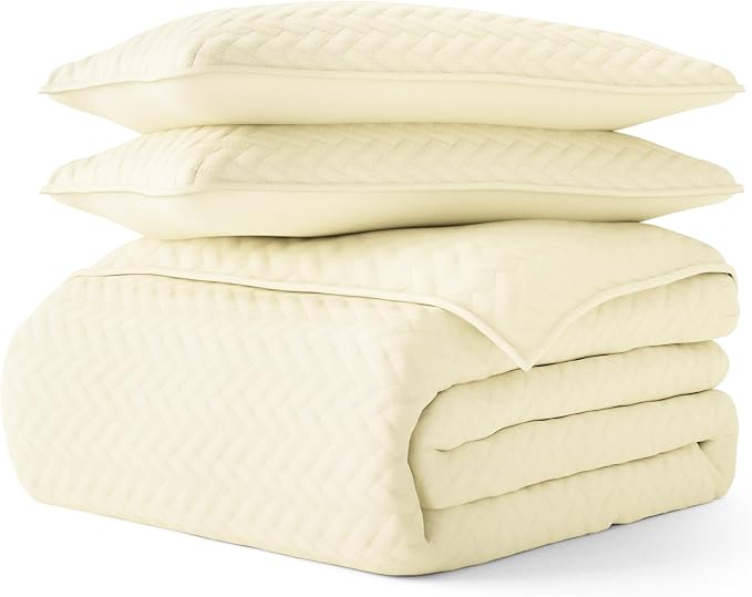 Merit Linens Classic Quilt Coverlet Soft Set in Herringbone Stitching - King/Cal-King Yellow