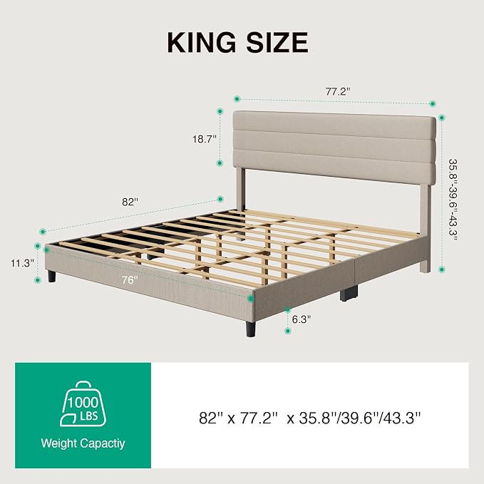 Novilla King Bed Frame and Headboard, King Bed Frame, Linen Upholstered Stripe Bed Frames, No Box Spring Needed, Heavy Duty Feet, Easy Assembly, Beige