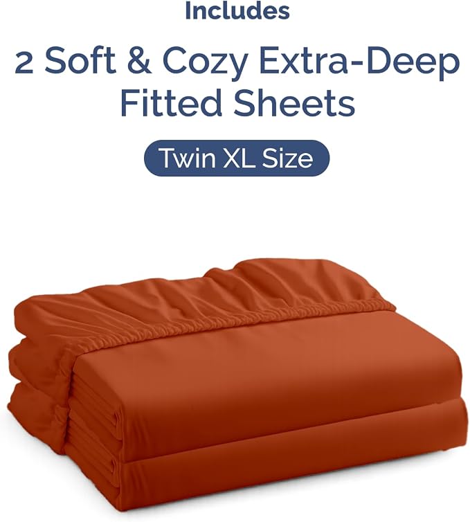 2 Pack Extra Deep Twin XL Fitted Sheets with Deep Pockets - Terracotta | Hotel Luxury Bottom Fitted Sheets Only, Soft, Fade & Wrinkle Free, Breathable & Comfy, All Around Elastic Fitted Sheets