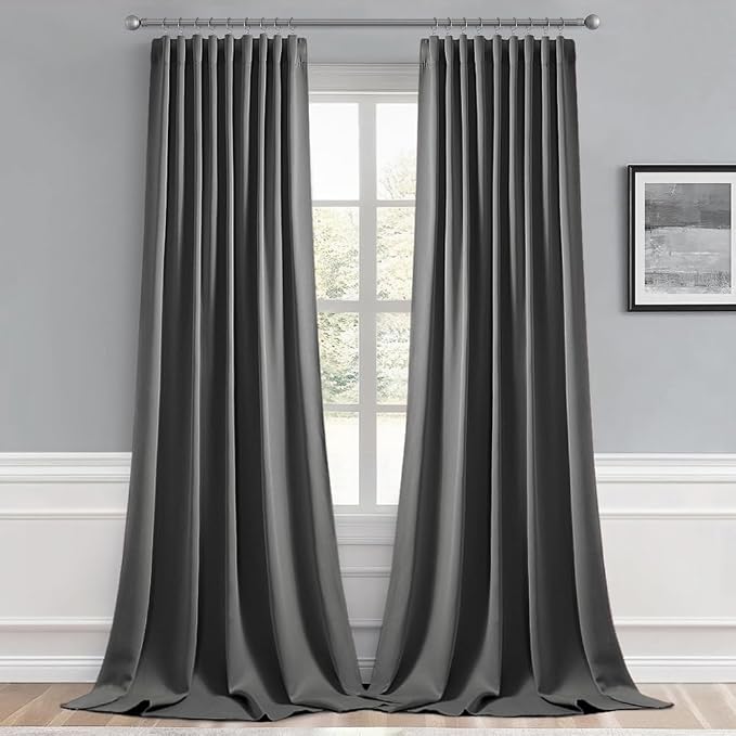 MIULEE Grey Back Tab Blackout Curtains 52x102 Inch Long 2 Panels Set | Rod Pocket Pinch Pleated, Thermal Insulated, Bedroom Living Room Darkening Drapes, Light Blocking Floor to Ceiling Curtains