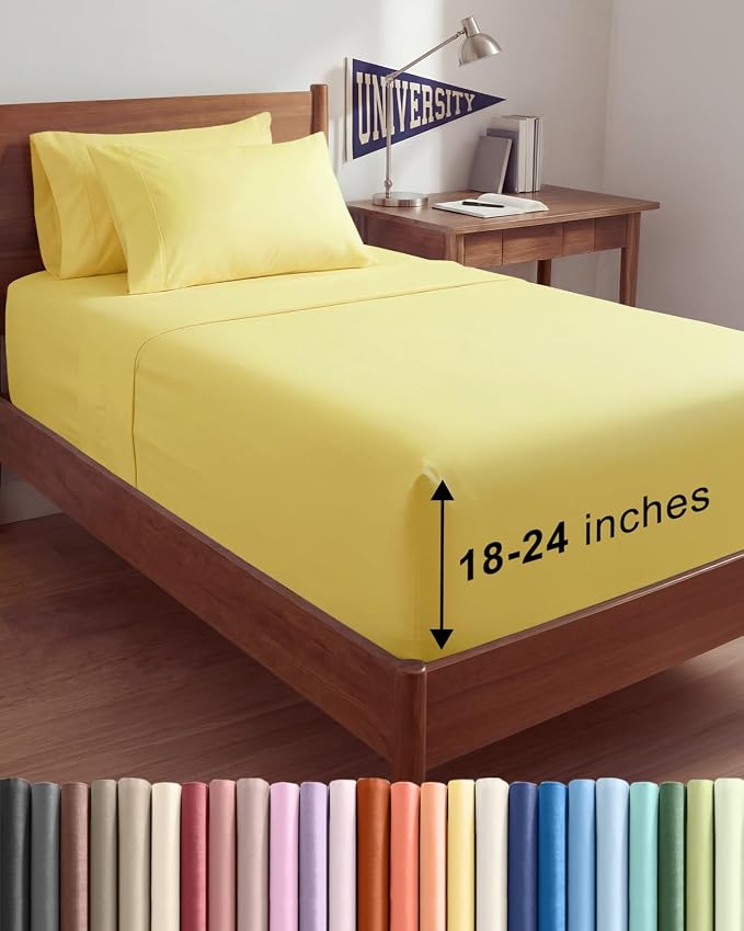 Extra Deep Twin XL Sheet Set - 4 Piece College Dorm Room - Yellow | College Dorm Room Essentials, Easy & Secure Fit, Ultra-Soft, Wrinkle & Fade Free, Comfy Sheets Set with Extra Deep Pockets