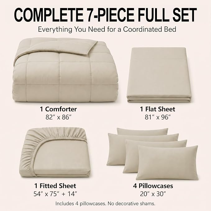 Full Size Comforter Sets Oatmeal - 7 Pieces Bed in a Bag | OEKO-TEX Certified, All-Season, Bedroom, Guest Room, Down-Alternative Comforter + Flat & Fitted Sheets + 4 Pillowcases