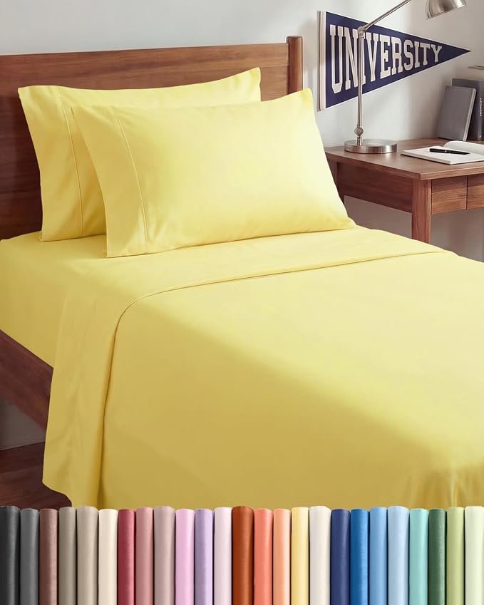 Twin XL 4 Piece Sheet Set - College Dorm Room Essentials - Yellow | Ultra Soft Dorm Bedding Set, 8" to 16" Inch Deep Pockets, 1 Flat & 1 Fitted Sheet & 2 Pillowcases, Wrinkle & Fade Free