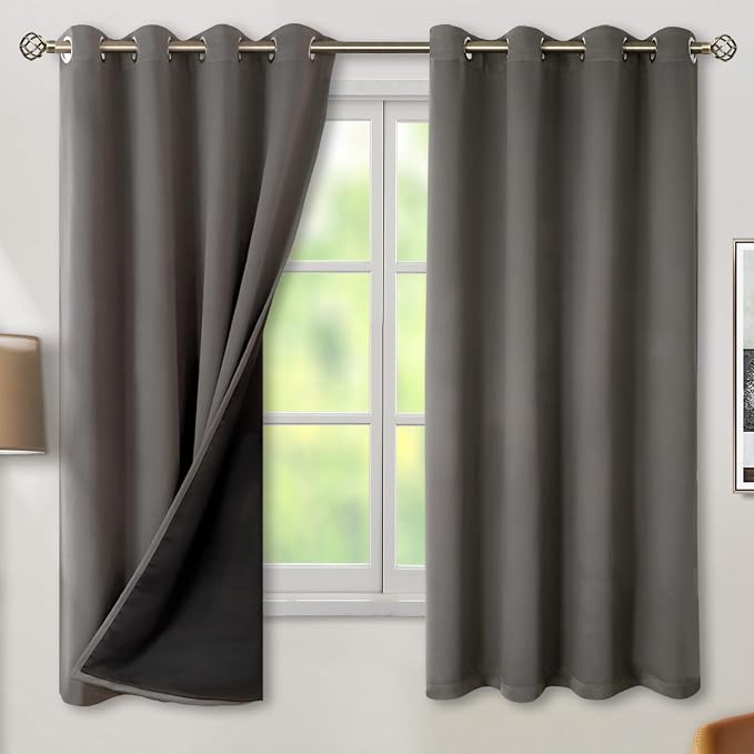 BGment Thermal Insulated 100% Blackout Curtains for Bedroom with Black Liner, Double Layer Full Room Darkening Noise Reducing Grommet Curtain (52 x 72 Inch, Grey, 2 Panels)