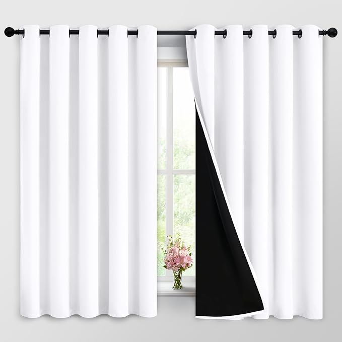Yakamok Pure White 100% Blackout Curtains 63 Inches Long 62" Wide 2 Panel | Blackout Curtain Panels for Bedroom, 2 Thick Layers Grommet Top Thermal Insulated Drapes with Black Liner for Living Room