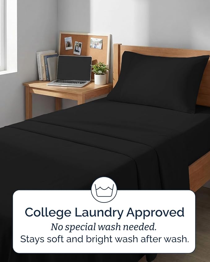 Extra Deep Twin XL Sheet Set - 3 Piece College Dorm Room - Black | Soft, Breathable & Cooling, Easily Fits 18 to 24 inch Mattress, Wrinkle Free & Fade Resistant with Extra Deep Pockets