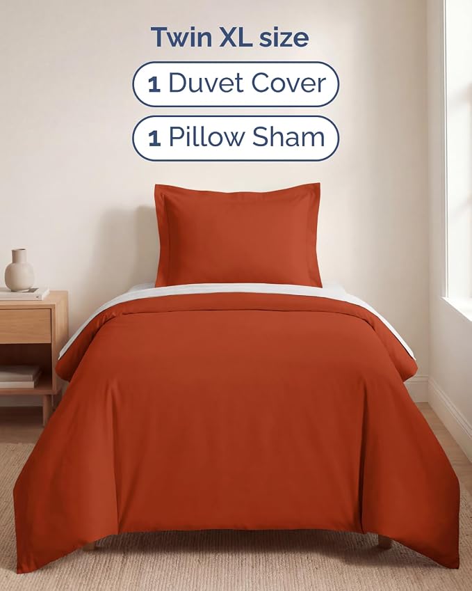Duvet Cover Twin/Twin XL - 2 Piece with Zipper Closure - Terracotta | Extra Soft, Breathable, Twin/Twin XL Duvet Cover 68" x 90" w/ 1 Pillow Sham, Zipper Closures & Ties, Women, Men, Kids & Teens