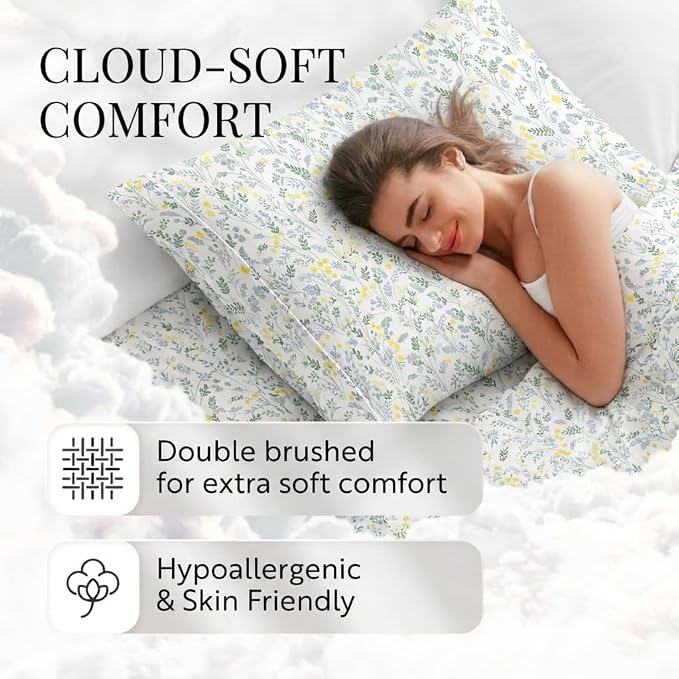 Linen Market Patterned Microfiber Queen Sheet Set 4 Piece – Oeko-TEX Certified Ultra Soft & Wrinkle-Free - 16" Deep Pocket Sheets - Easy Care Queen Size - Wildflower Light Blue