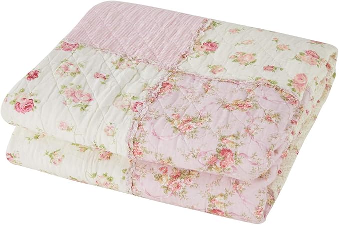Cozyholy Original 100% Cotton Quilt Full Queen Size Pink Floral Patchwork Quilt, Lightweight Reversible Bedspread Quilted Throw Blanket, Vintage Shabby Chic Cottage Bedding Coverlet for Bed Couch Sofa