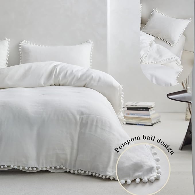 Simple&Opulence French Linen Blended Duvet Cover King, Flax Viscose Derived from Bamboo Bedding Set with Pom Pom Trim Soft Cooling for Hot Sleepers, 1 Boho Comforter Cover and 2 Pillow Shams, White
