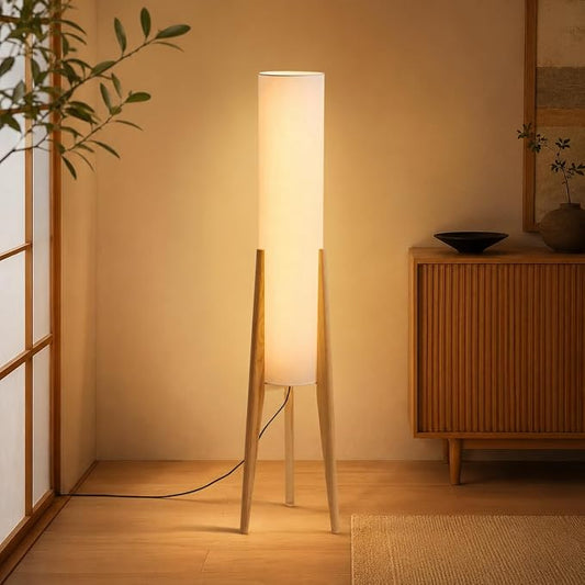 Log Wood Tripod Floor Lamp,Modern Farmhouse Style,50 Inch Height | Convenient Foot Switch,Soft Diffused Warm Ambiance,Fabric Shade,Minimalist Janpandi Home Decor for Living Room and Bedroom