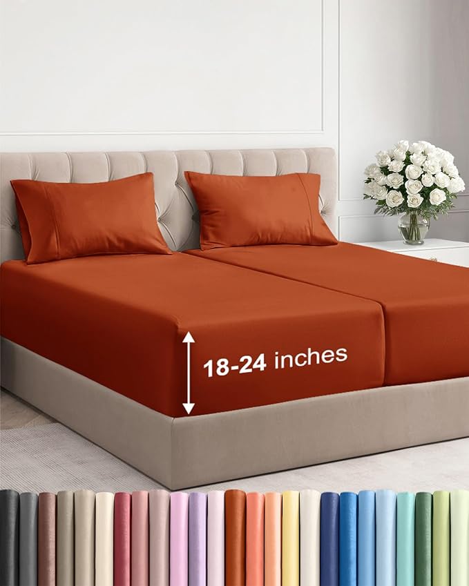 Extra Deep Split King Sheet Set - 5 Piece Breathable Cooling - Terracotta | Easily Fits 18 to 24 inch Mattress - Ultra Soft, Wrinkle & Fade Free with Extra Deep Pockets - Comfy Hotel Luxury Bedding