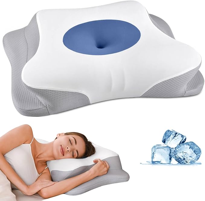 Cervical Neck Pillow for Pain Relief - Ergonomic Side Sleeper Pillow for Sleeping, Cooling Memory Foam Pillows for Neck Support, Orthopedic Pillow Contour Bed Pillow for Back Sleepers (Blue&White)