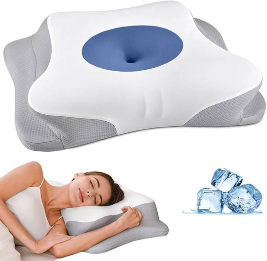 Cervical Neck Pillow for Pain Relief - Ergonomic Side Sleeper Pillow for Sleeping, Cooling Memory Foam Pillows for Neck Support, Orthopedic Pillow Contour Bed Pillow for Back Sleepers (Blue&White)