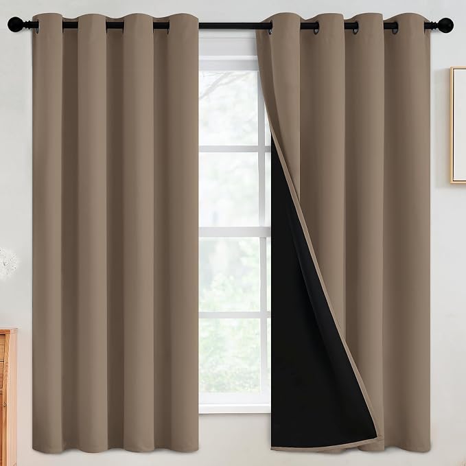 SimpleHome Khaki 100% Blackout Curtains Room Darkening Living Room 63 Inch | Curtains for Bedroom,Thermal Insulated Grommet Window Drapes,Curtains for Living Room with Black Back,52 x 63 Inch,2 Panels