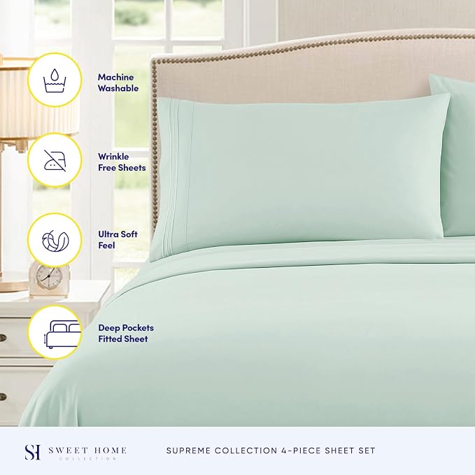 RV Queen Bed Sheets - Breathable Luxury Sheets with Full Elastic & Secure Corner Straps Built In - 1800 Supreme Collection Extra Soft Deep Pocket Bedding Set, Sheet Set, RV Short Queen, Mint