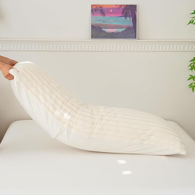Full Body Pillow with Fluffy Stripe Faux Fur Removable Cover, Long Bed Pillow Adult 20x54 Inches for Side Sleeper and Pregnancy, Beige.
