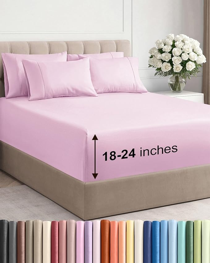 Extra Deep King Sheet Set - 6 Piece Breathable Cooling Sheets - Light Pink | Hotel Luxury Bed Sheets Set, Easy & Secure Fit, Ultra-Soft, Wrinkle & Fade Free, Comfy Sheets Set with Extra Deep Pockets