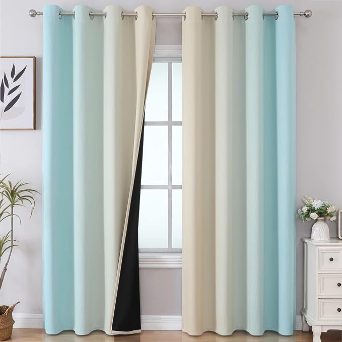 Aqua and Beige Ombre Blackout Curtains for Bedroom 96 Inch | Thermal Insulated Curtains for Living Room, Full Room Darkening, Energy Saving, Grommet Gradient Drapes, 52Wx96L, 2 Panels