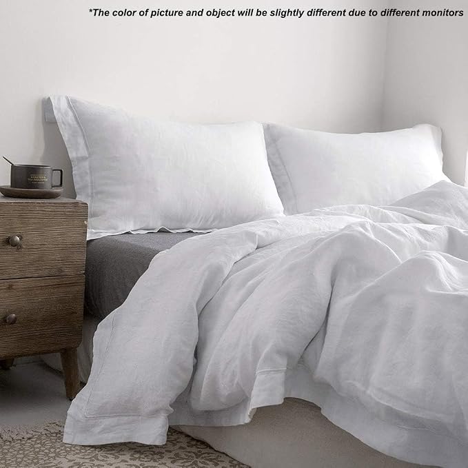 Simple&Opulence 100% French Flax Linen Duvet Cover Set with Embroidery Washed - 3 Pieces (1 Duvet Cover with 2 Pillow Shams) with Button Closure Soft Breathable Farmhouse - White, King Size