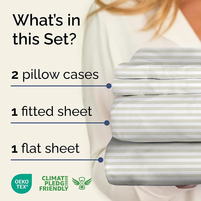 Cal King 4 Piece Striped Sheet Set - Breathable & Cooling - Metro Pinstripe | 1 Flat, 1 Fitted & 2 Pillowcases w/ Deep Pockets, Luxury Striped Bedding, Soft, Breathable & Cooling, Wrinkle & Fade Free