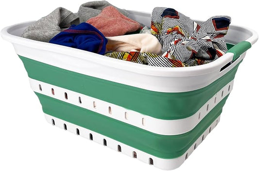 SAMMART 42L (11 gallon) Collapsible Plastic Laundry Basket - Foldable Pop Up Storage Container/Organizer - Space Saving Hamper/Basket (1, White/Winter Green)