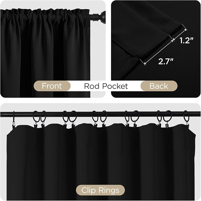 CUCRAF Black Blackout Curtains 72 inch Length 2 Panels Set, Rod Pocket Room Darkening Drapes for Bedroom Living Room, Insulated Thermal Light Blocking Window Curtain (W52 x L72 Inch)
