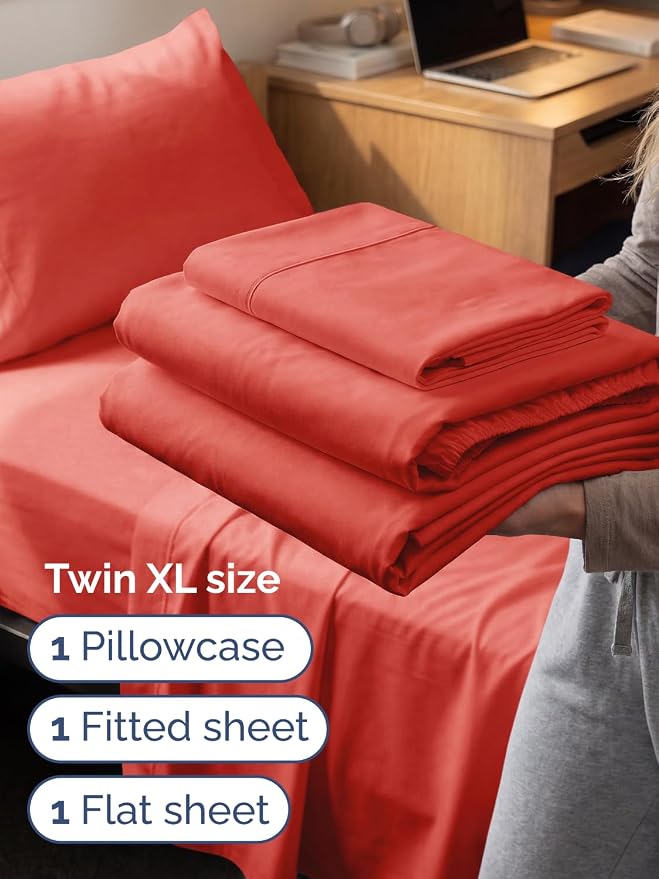Extra Deep Twin XL Sheet Set - 3 Piece College Dorm Room - Coral | Soft, Breathable & Cooling, Easily Fits 18 to 24 inch Mattress, Wrinkle Free & Fade Resistant with Extra Deep Pockets