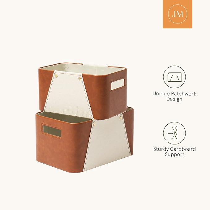 LA JOLIE MUSE Faux Leather Storage Baskets for Organizing, Beige 2 Pack | Fabric Storage Bins, Sturdy Decorative Organizer Baskets for Closet, Shelf, Office Cabinets, Toys, Books and Home Essential