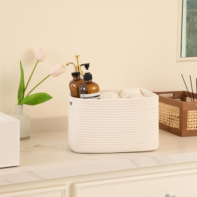 OIAHOMY 4 Pack Storage Baskets for Organizing 24L Cube Storage Bins White | Woven Baskets for Storage Rectangle Small Baskets With Handles Baskets for Shelves Wicker Baskets for Shelves 16x12x8inch