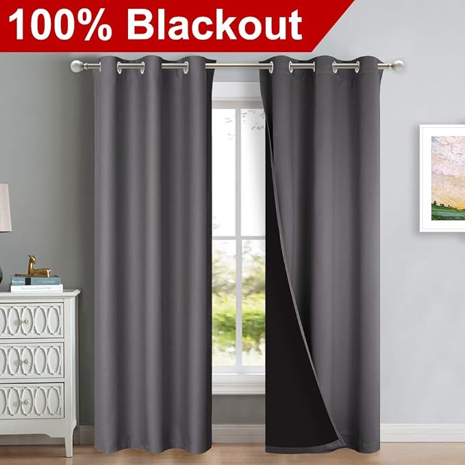 NICETOWN Room Warming Blackout Curtains 80 inches Long, Full Light Blocking Drapes with Black Liner for Nursery, Thermal Insulated Draperies for Hall, Villa (Grey, 2 Pieces, 42" Wide Each Panel) | Room Warming Full Light Blocking Drapes with Black Line...