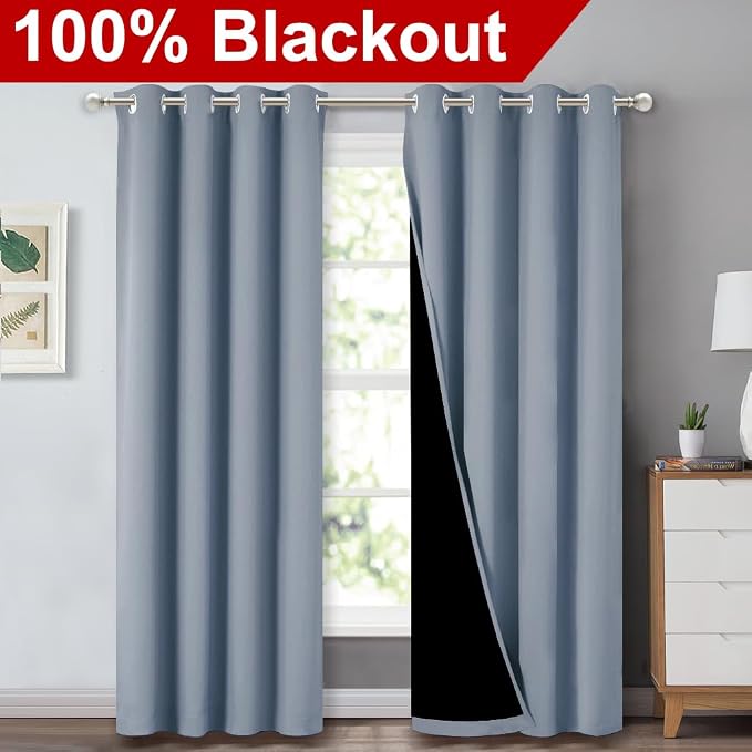 NICETOWN Vintage Blue Blackout Curtains for Baby Room 52" x 84" 2 Panels | 100% Room Darkening Energy Smart Noise Blocking Drapes for Guest Room Bedroom, Thermal Insulated Lined Window Dressing Decor