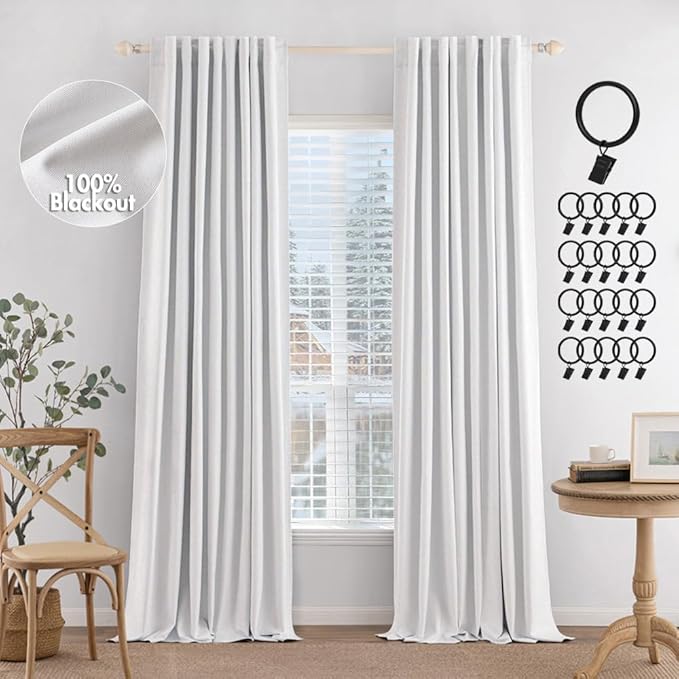 MIULEE 100% Blackout Curtains Faux Linen Curtains & Drapes 108 Inch, White | 2 Panels, Full Black Out, Thermal Insulated, Room Darkening Window Curtains for Bedroom Living Room , Back Tab & Rod Pocket