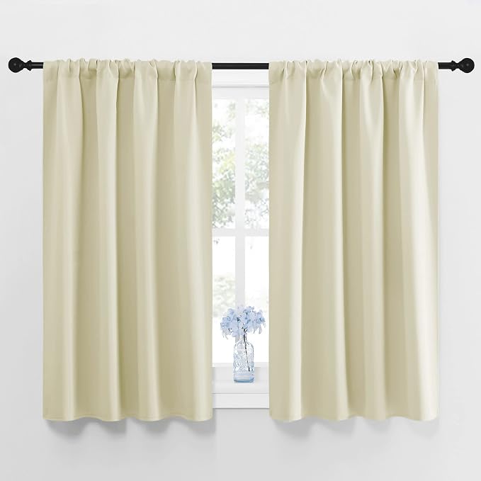 NICETOWN Blackout Curtains for Bedroom, Home Decorations Thermal Insulated Solid Rod Pocket Blackout Drapes for Cafe (Beige, One Pair, 42 x 45-inch)