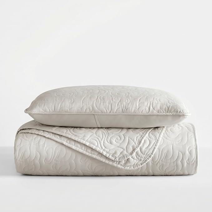 Merit Linens Modern Quilt Coverlet Soft Set in Floral Stitching - Twin/TwinXL Natural
